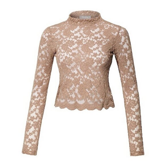 Ambiance Tops - Nude Beige Stretch Floral Lace Crop Top Long Sleeve - Size Small